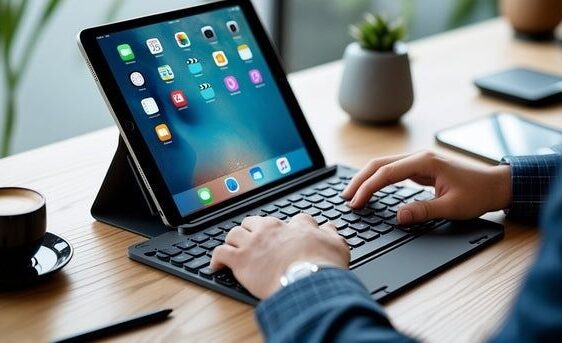 Person tippt an einem Tablet mit angeschlossener Tastatur am Schreibtisch