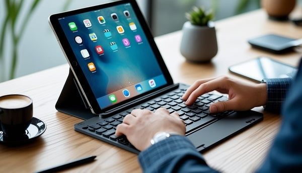 Person tippt an einem Tablet mit angeschlossener Tastatur am Schreibtisch